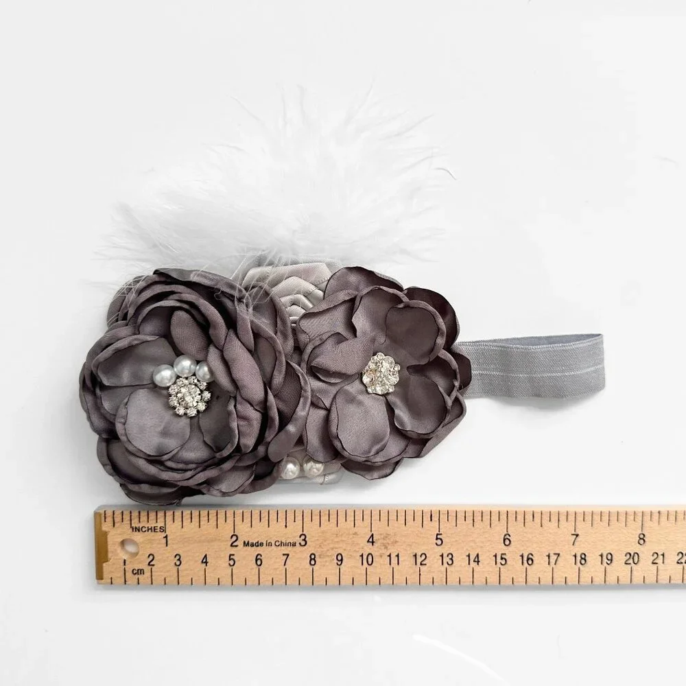 NWT Pretty Vintage Inspired Girls Headband Floral Beaded Feathers Gray OS